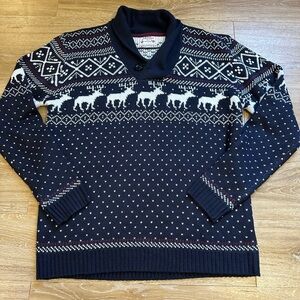 Men's Navy Reindeer Sweater Shawl Neck winter sweaters size Large L